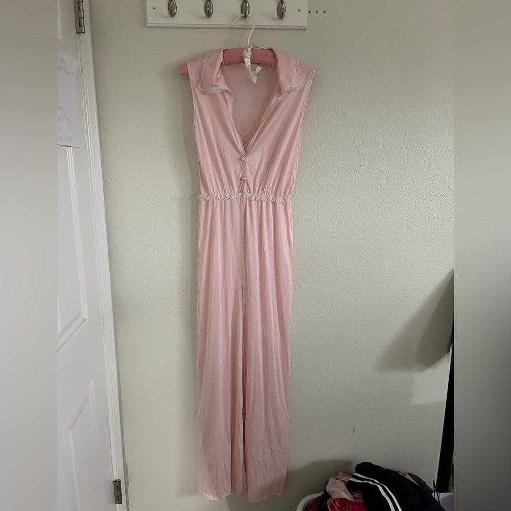 70s Vintage Baby Pink Jumpsuit With Lace & Pearls